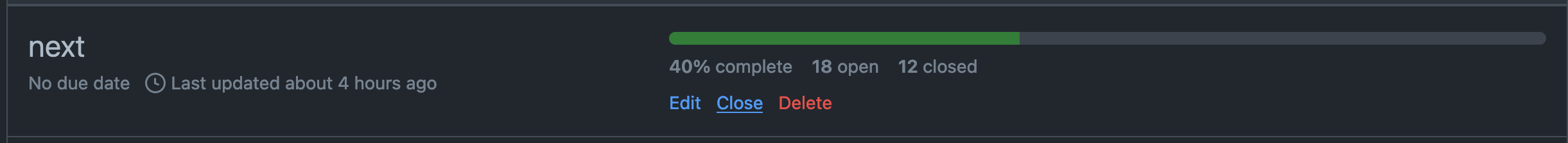 The next milestone, which has a "closed" button
